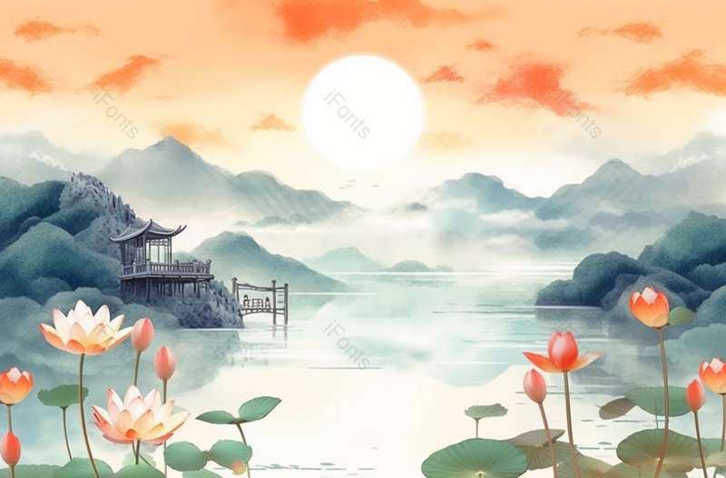 中国复古彩色水墨风的荷塘,插画/手绘图,插画/手绘图库,插画/手绘图下载,插画/手绘